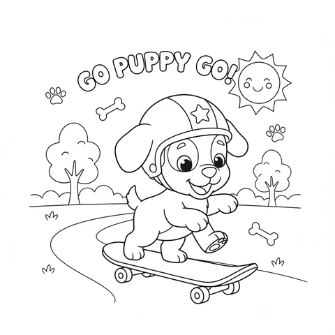 Puppy coloring page: a puppy learning to ride a skateboard while wearing a little helmet