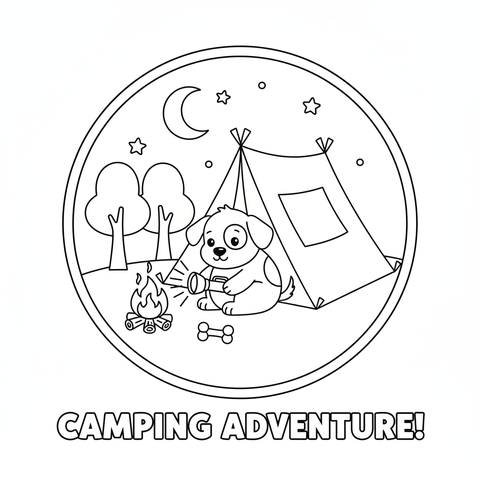 Puppy coloring page: a puppy camping in a tiny tent with a flashlight