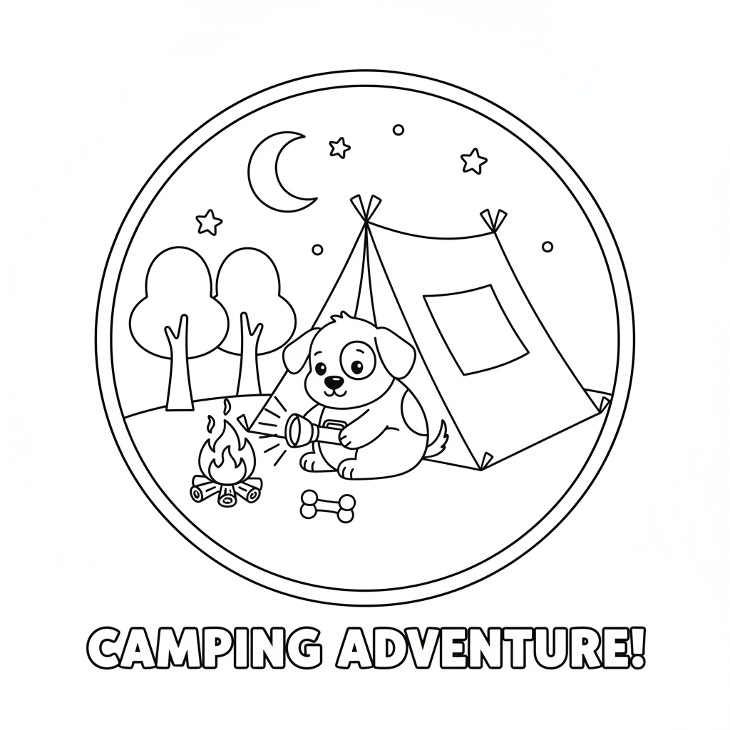 Puppy coloring page showing a puppy camping in a tiny tent with a flashlight