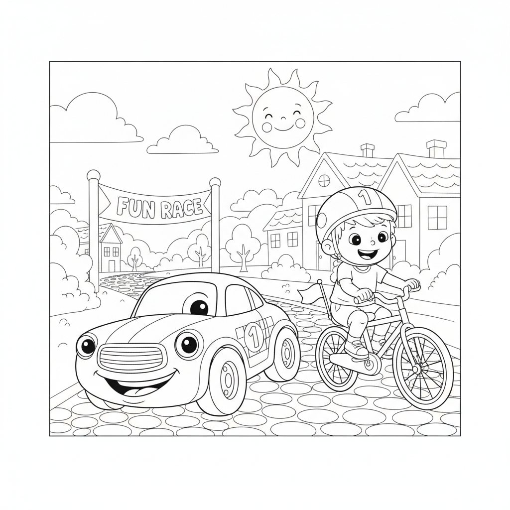 Race car coloring page showing a race car in a friendly neighborhood race against a kid on a bicycle