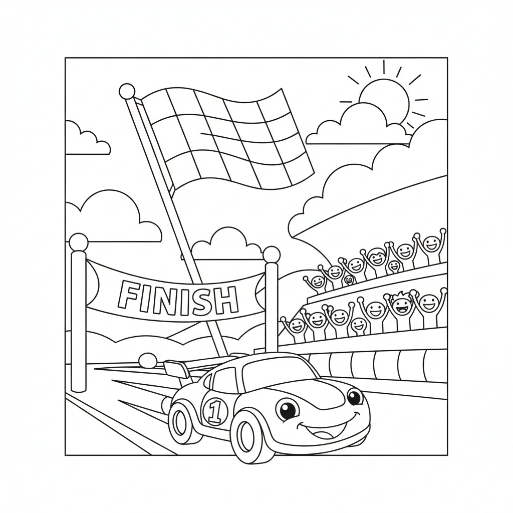 Race car coloring page showing a race car zooming past a waving checkered flag at the finish line