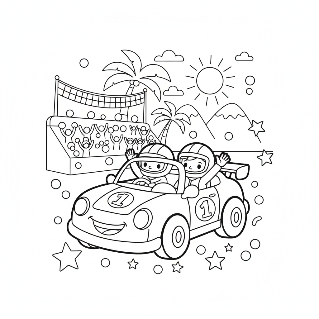 Race car coloring page showing a race car victory parade with confetti falling on the winning car
