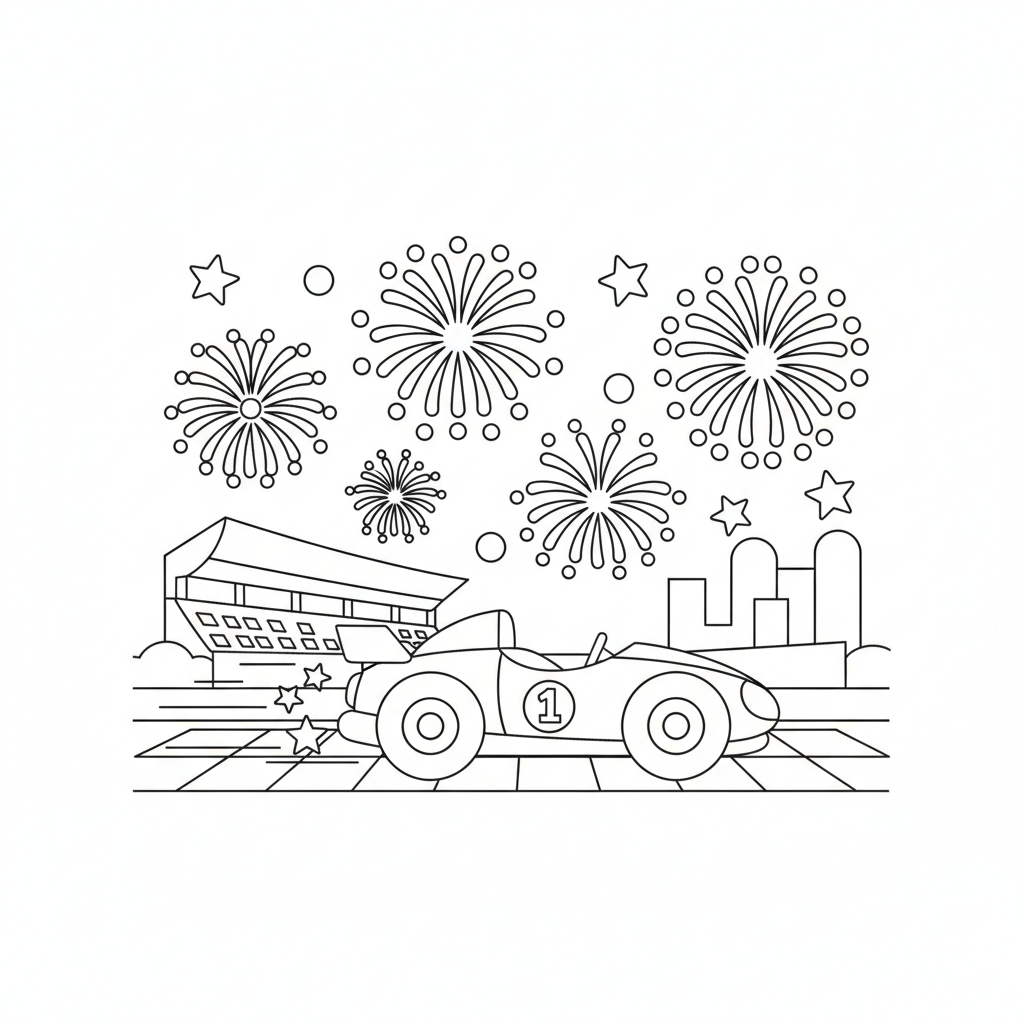 Race car coloring page showing a race car racing at night under a sky full of fireworks