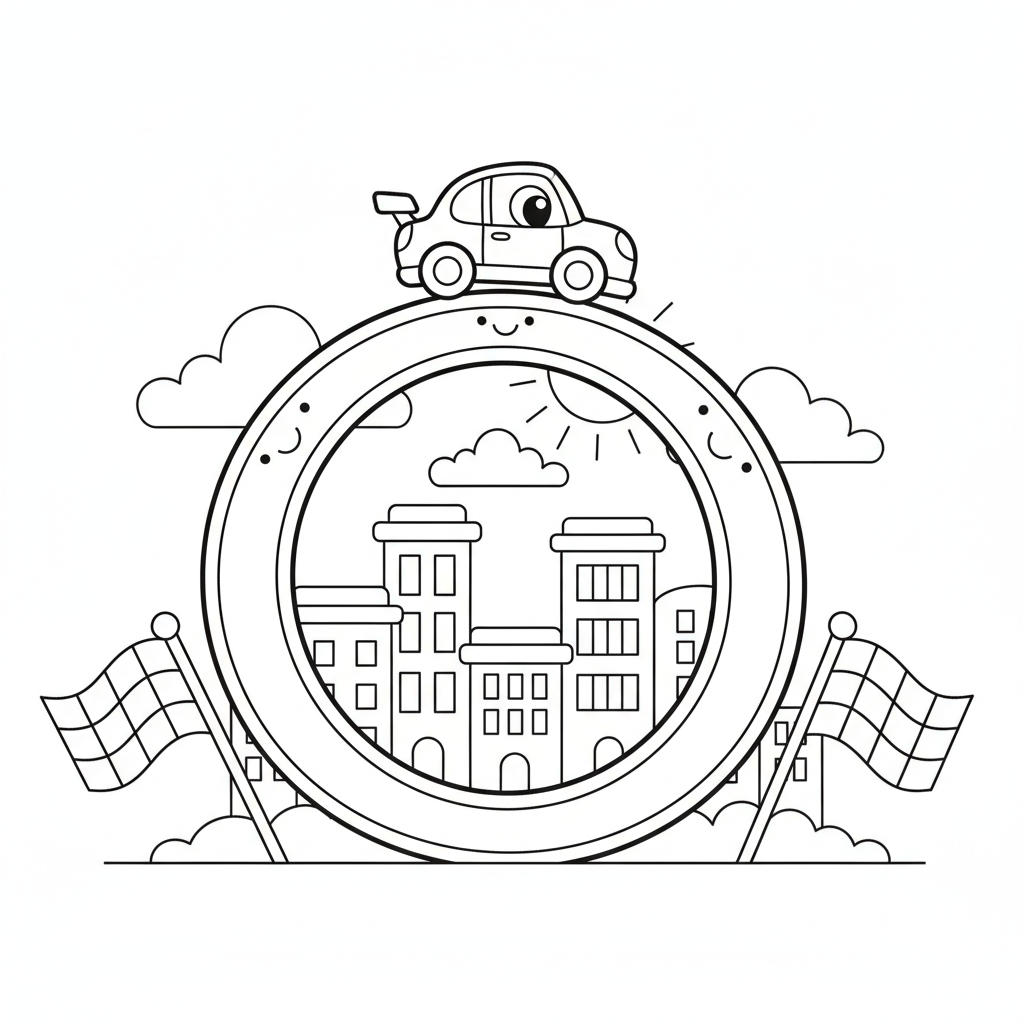 Race car coloring page showing a race car driving through a giant loop-the-loop track