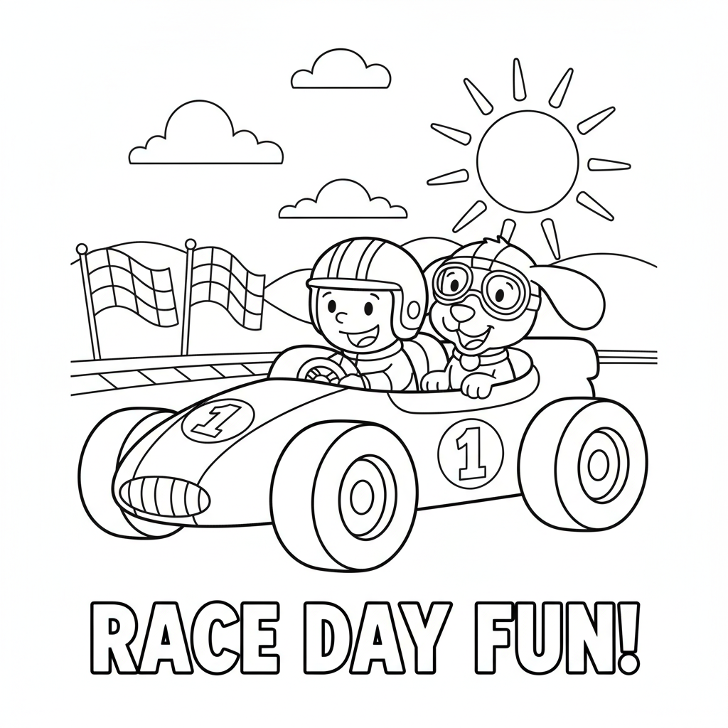 Race car coloring page showing a race car with a puppy co-pilot wearing goggles in the passenger seat