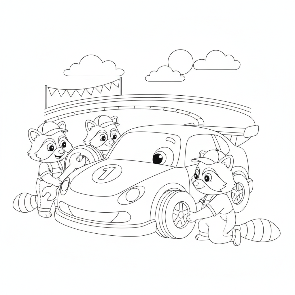 Race car coloring page showing a race car pit stop with raccoon mechanics changing the tires