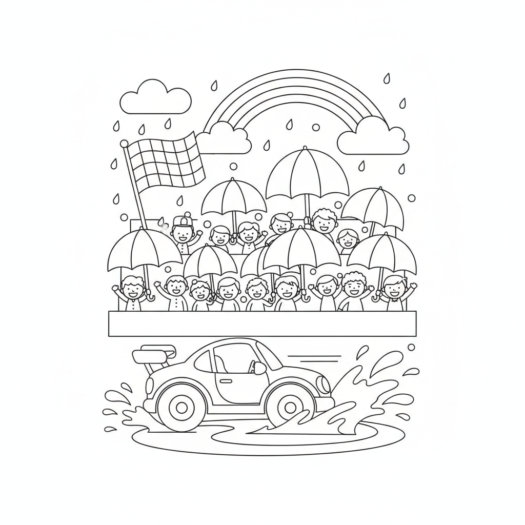 Race car coloring page showing a race car splashing through rain with fans holding big umbrellas in the stands