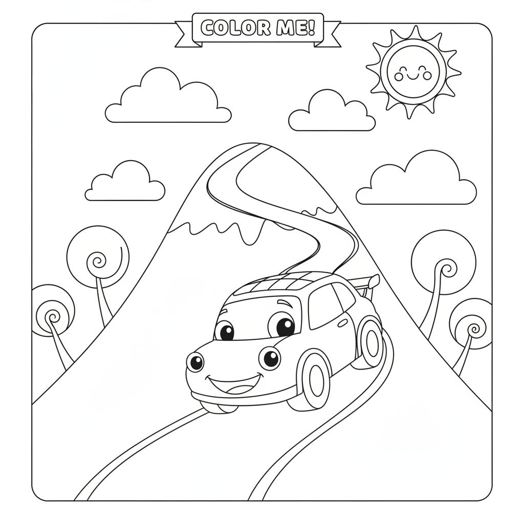 Race car coloring page showing a race car driving up a spiral mountain road