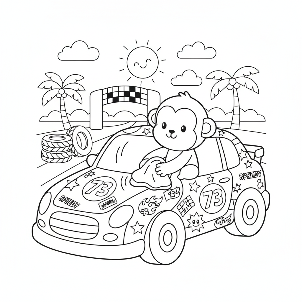 Race car coloring page showing a race car covered in racing stickers being polished before the big race