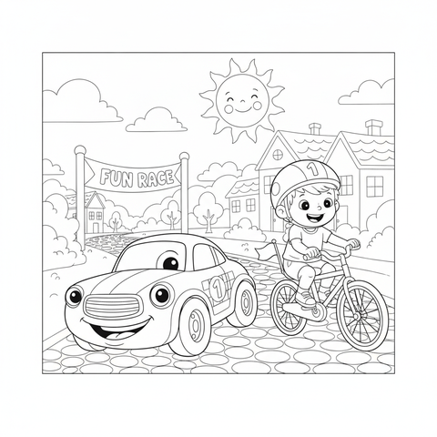Race car coloring page: a race car in a friendly neighborhood race against a kid on a bicycle