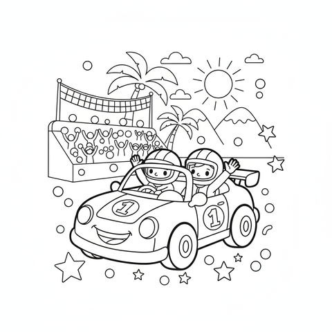 Race car coloring page: a race car victory parade with confetti falling on the winning car