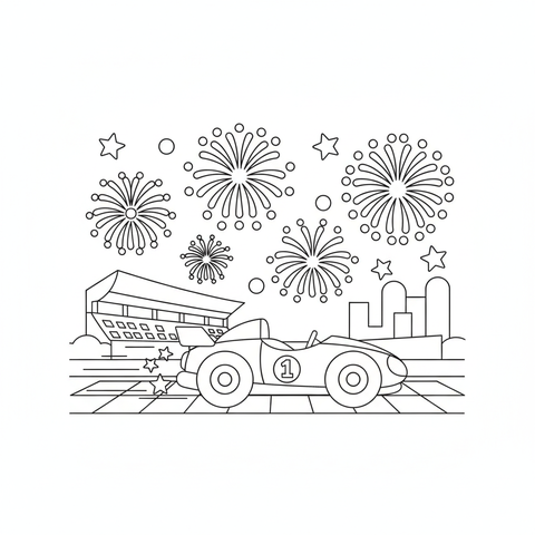 Race car coloring page: a race car racing at night under a sky full of fireworks