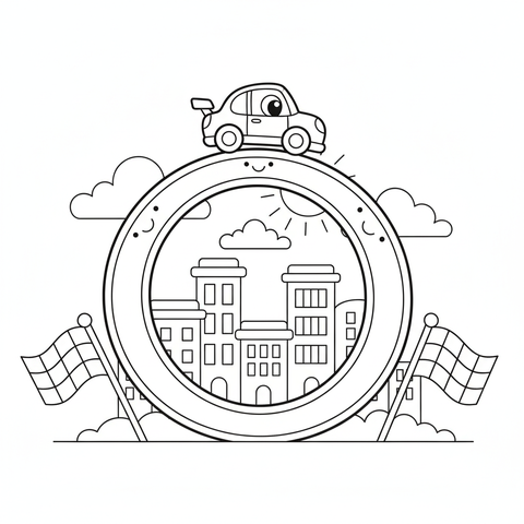 Race car coloring page: a race car driving through a giant loop-the-loop track