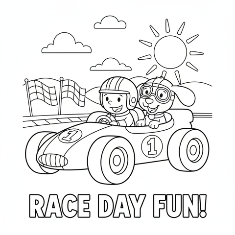 Race car coloring page: a race car with a puppy co-pilot wearing goggles in the passenger seat