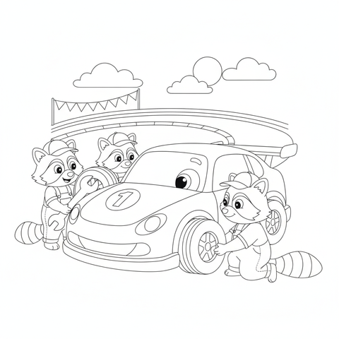 Race car coloring page: a race car pit stop with raccoon mechanics changing the tires