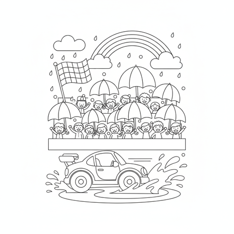 Race car coloring page: a race car splashing through rain with fans holding big umbrellas in the stands