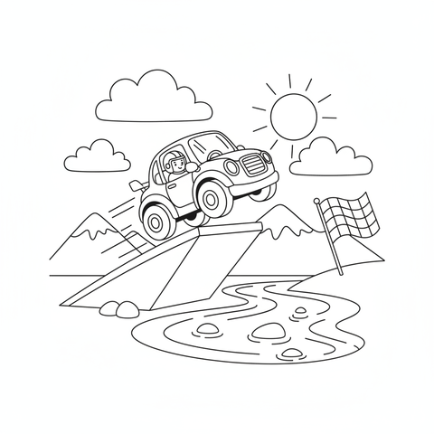Race car coloring page: a race car jumping off a ramp over a river