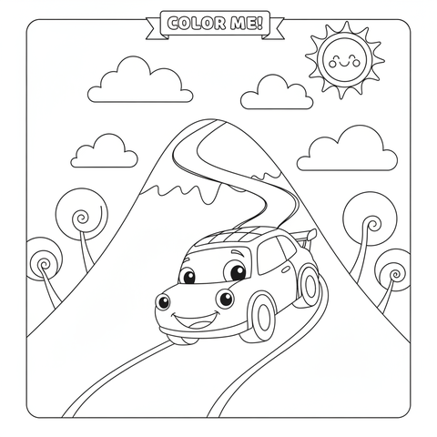 Race car coloring page: a race car driving up a spiral mountain road