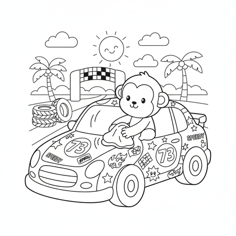 Race car coloring page: a race car covered in racing stickers being polished before the big race