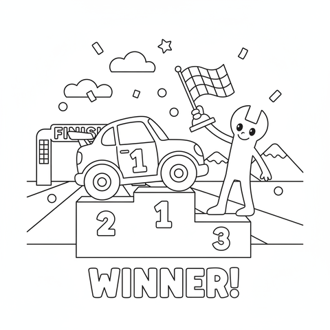Race car coloring page: a race car with a big number one on its door receiving a trophy on the winners' podium