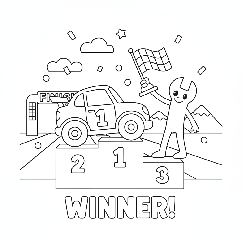Race car coloring page showing a race car with a big number one on its door receiving a trophy on the winners' podium