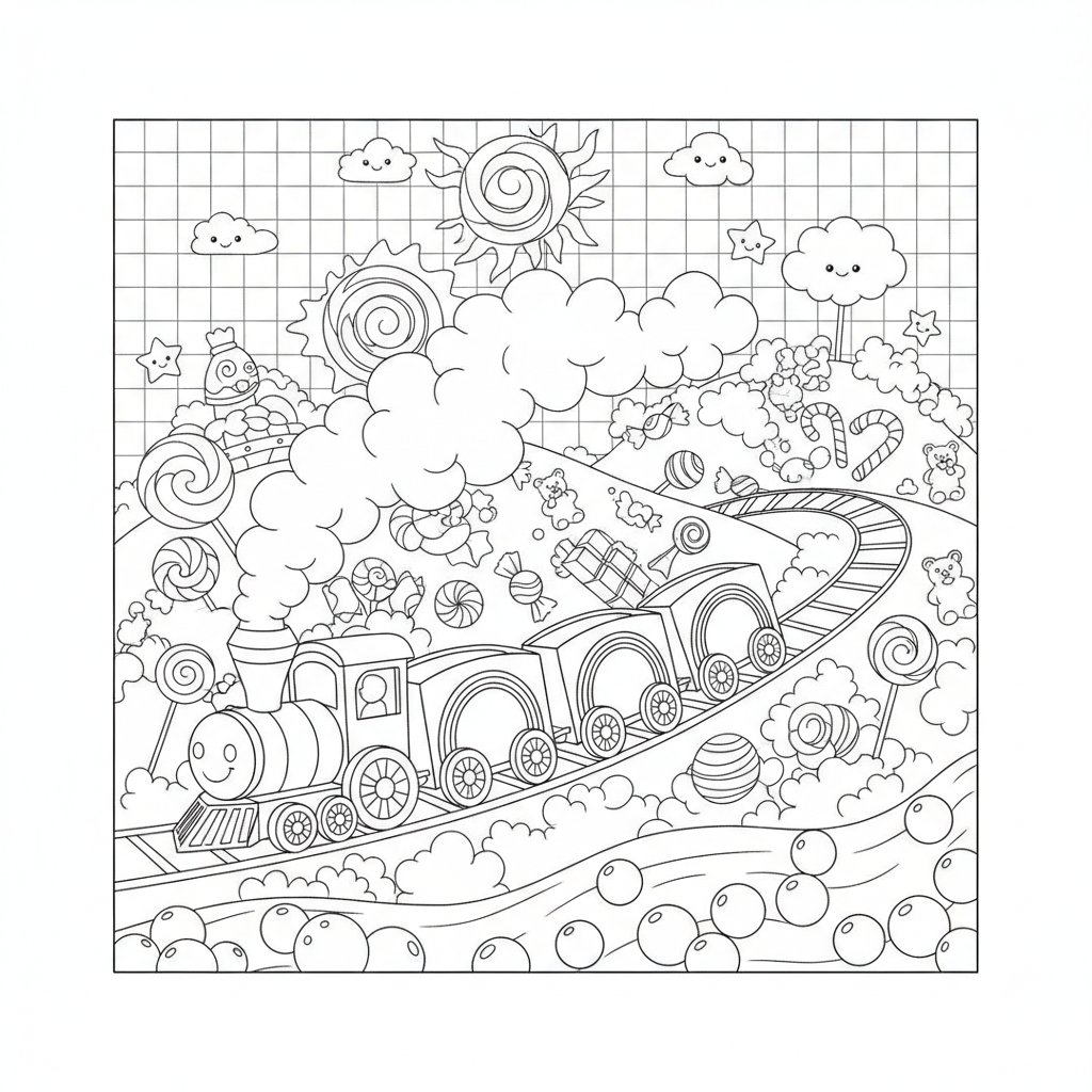 Rainbow coloring page showing a rainbow train chugging through hills made of candy