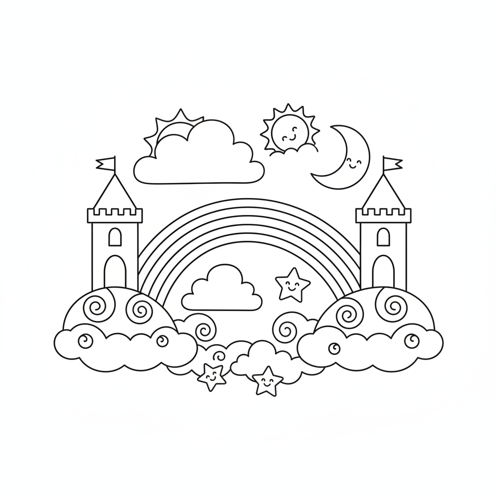 Rainbow coloring page showing a rainbow bridge connecting two castle towers