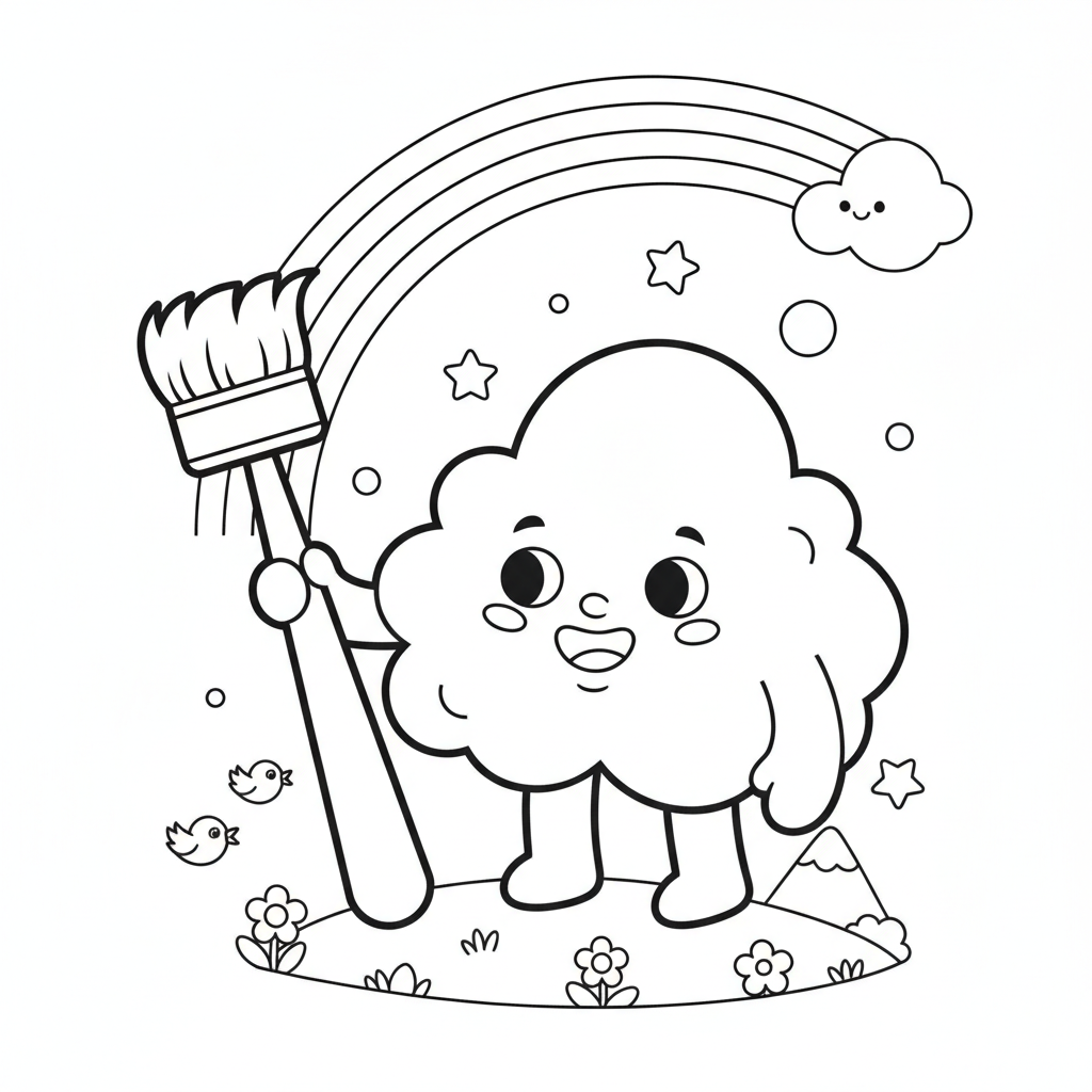 Rainbow coloring page showing a fluffy cloud painting a rainbow across the sky with a giant paintbrush
