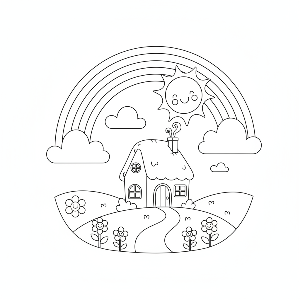Rainbow coloring page showing a rainbow arching over a cozy cottage with a smiling sun