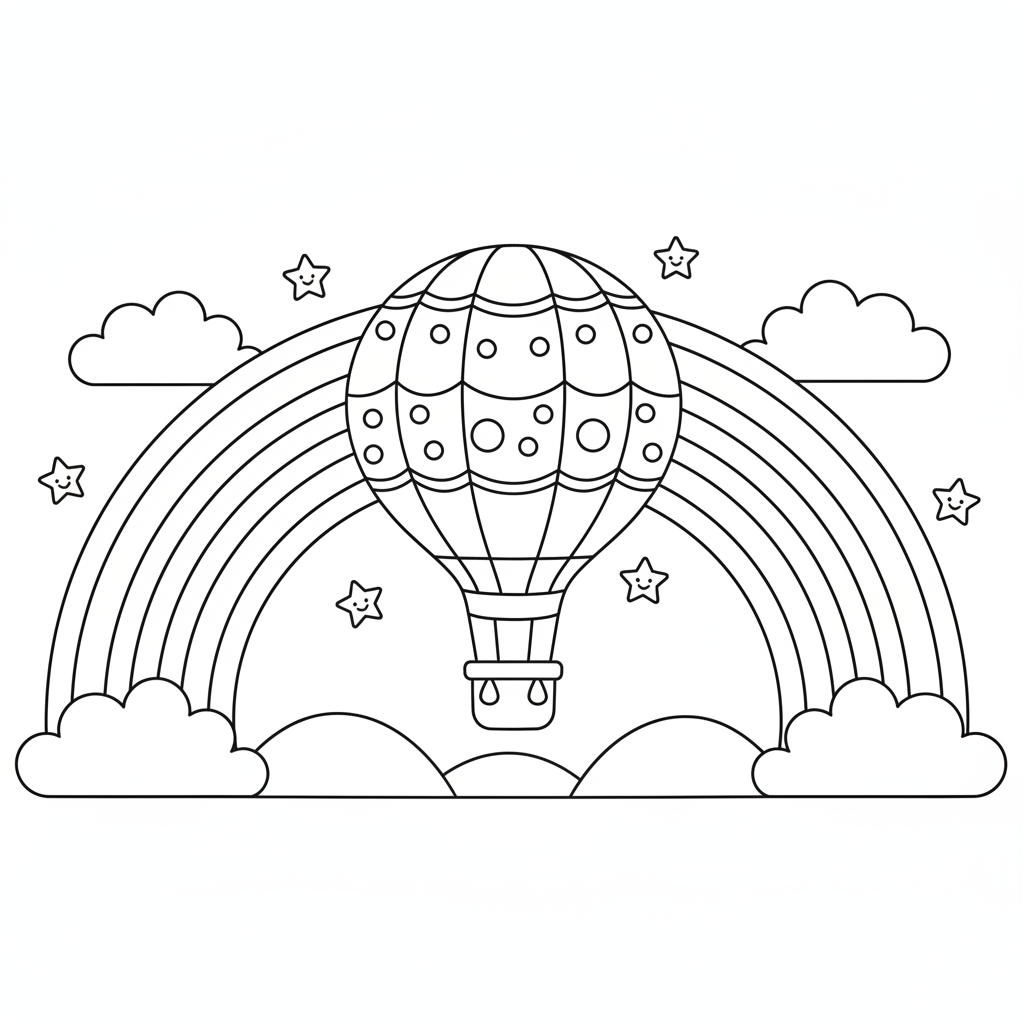 Rainbow coloring page showing a hot air balloon flying between a double rainbow
