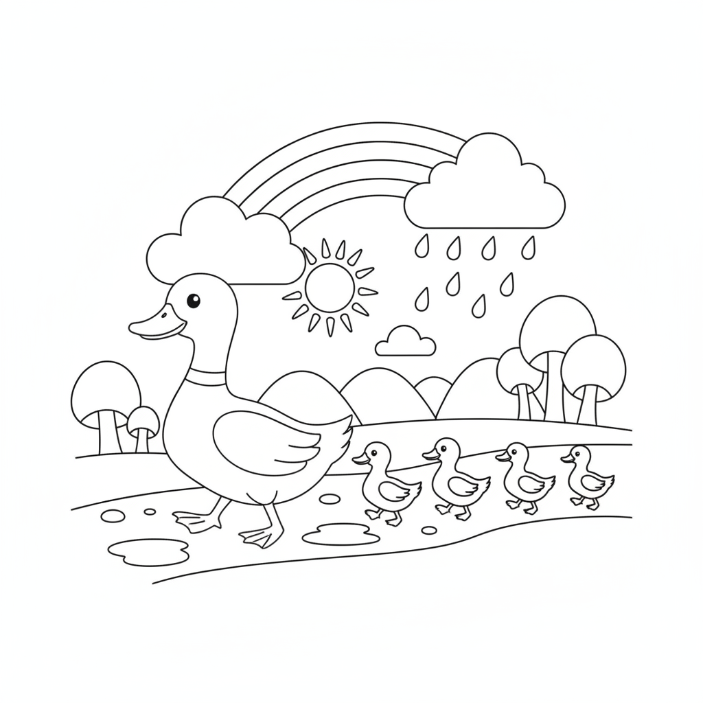 Rainbow coloring page showing a duck family marching under a rainbow after the rain
