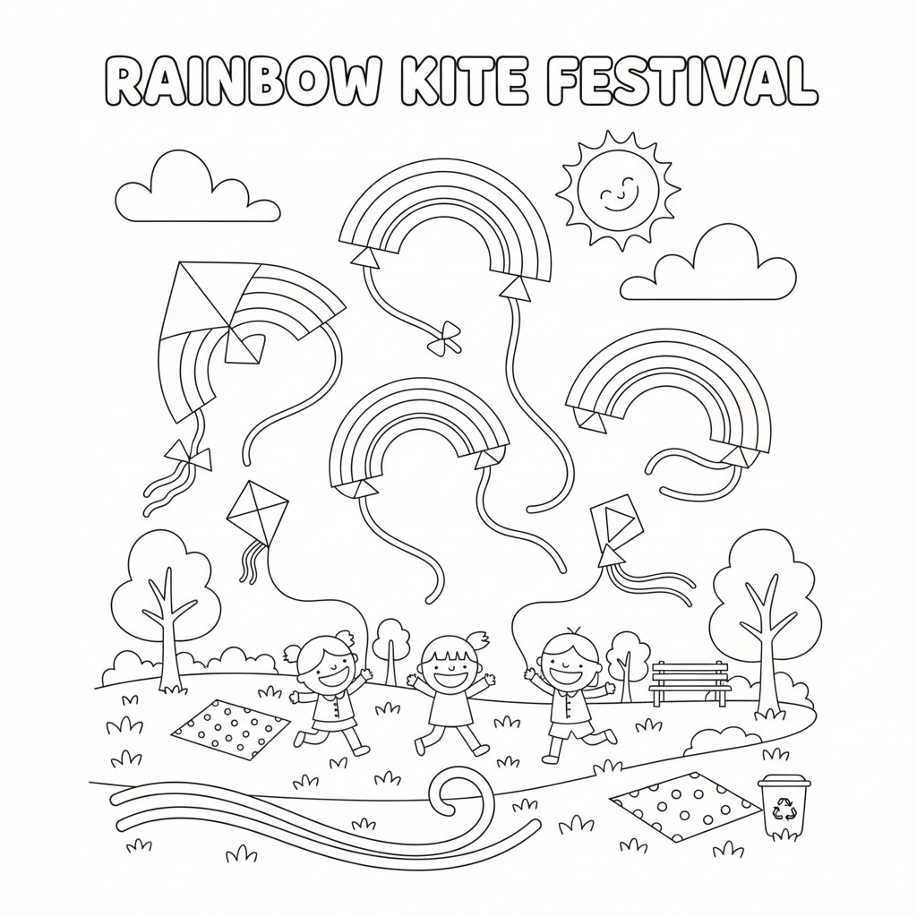 Rainbow coloring page showing a rainbow kite festival in a breezy park
