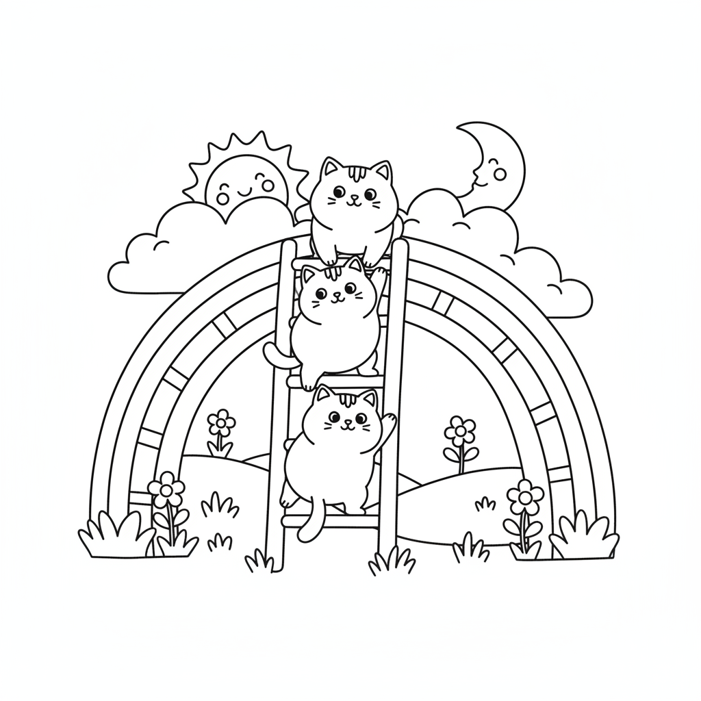 Rainbow coloring page showing kittens climbing a rainbow like a ladder up to the clouds