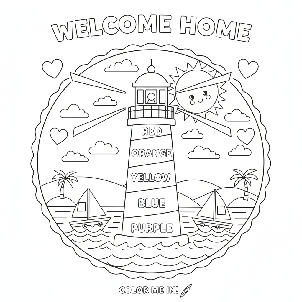 Rainbow coloring page showing a rainbow lighthouse guiding little sailboats home