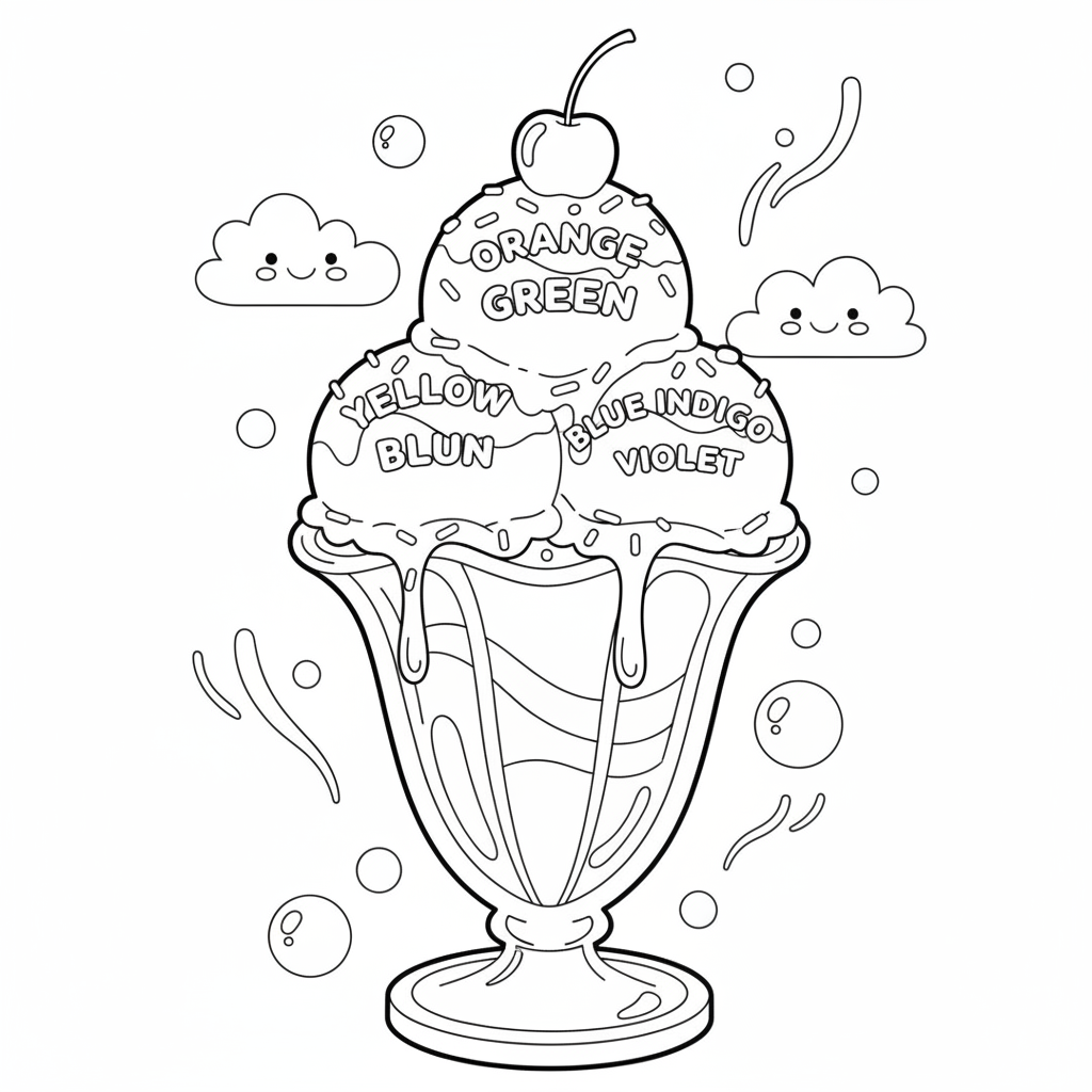 Rainbow coloring page showing a giant rainbow ice cream sundae with a cherry on top