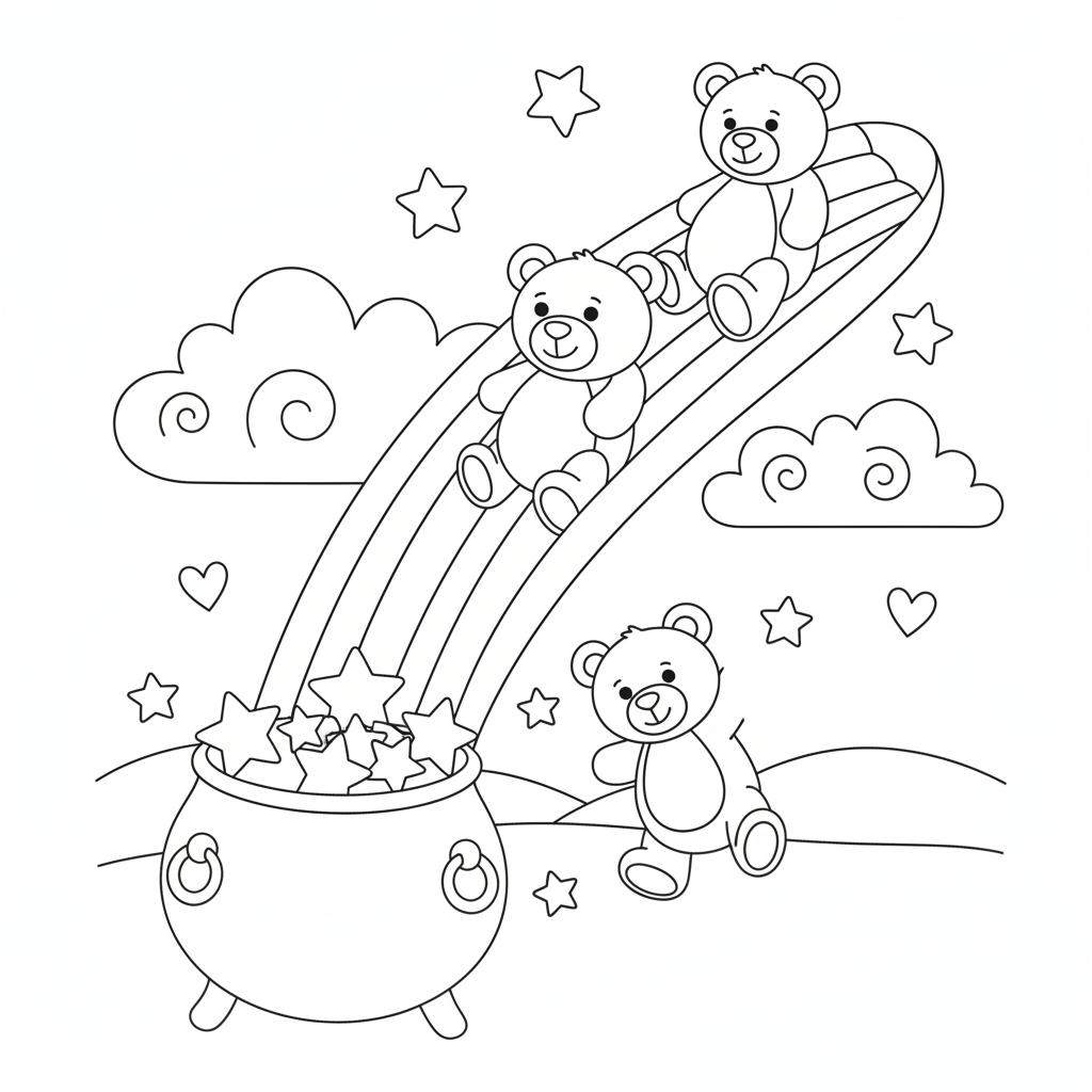 Rainbow coloring page showing teddy bears sliding down a rainbow slide into a pot of stars
