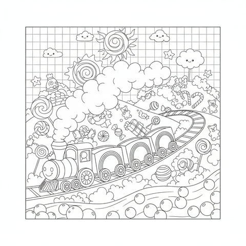 Rainbow coloring page: a rainbow train chugging through hills made of candy