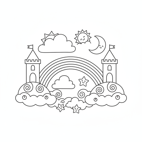 Rainbow coloring page: a rainbow bridge connecting two castle towers