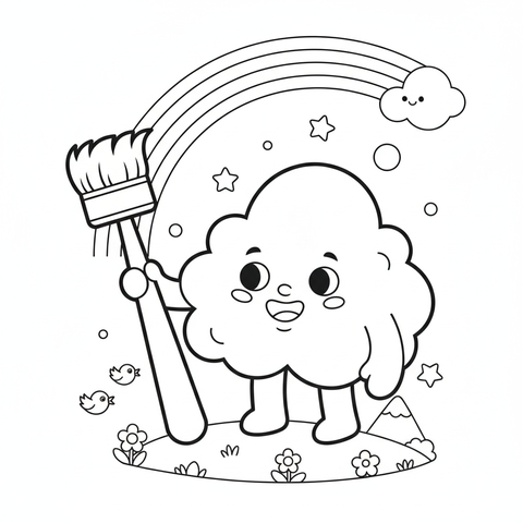 Rainbow coloring page: a fluffy cloud painting a rainbow across the sky with a giant paintbrush