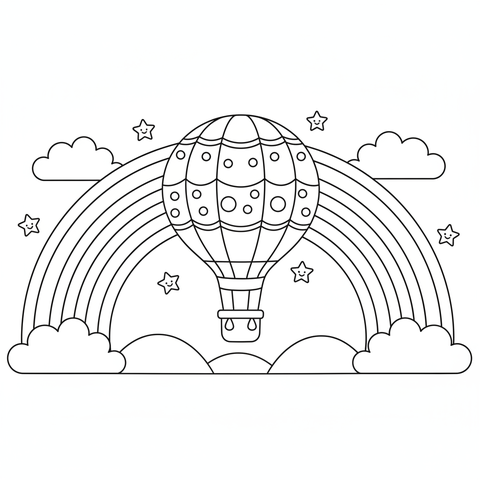 Rainbow coloring page: a hot air balloon flying between a double rainbow