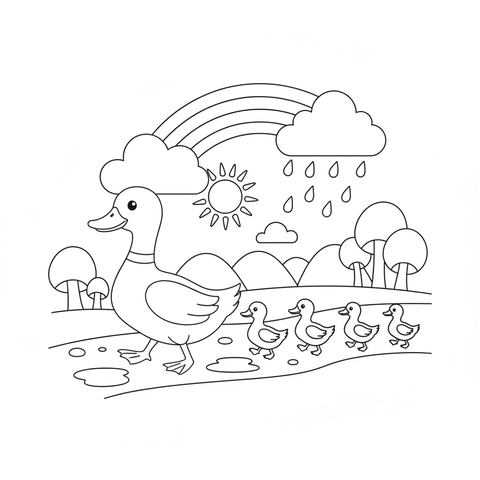 Rainbow coloring page: a duck family marching under a rainbow after the rain