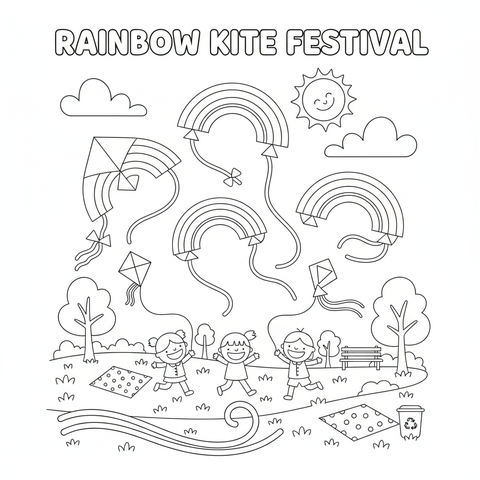 Rainbow coloring page: a rainbow kite festival in a breezy park