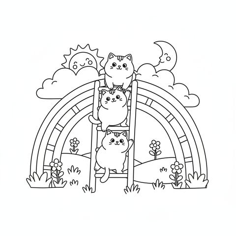 Rainbow coloring page: kittens climbing a rainbow like a ladder up to the clouds