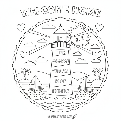 Rainbow coloring page: a rainbow lighthouse guiding little sailboats home