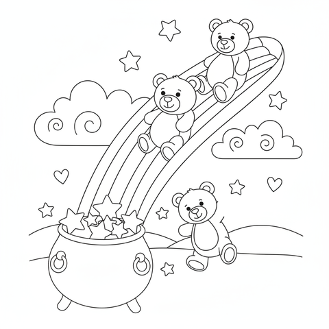 Rainbow coloring page: teddy bears sliding down a rainbow slide into a pot of stars