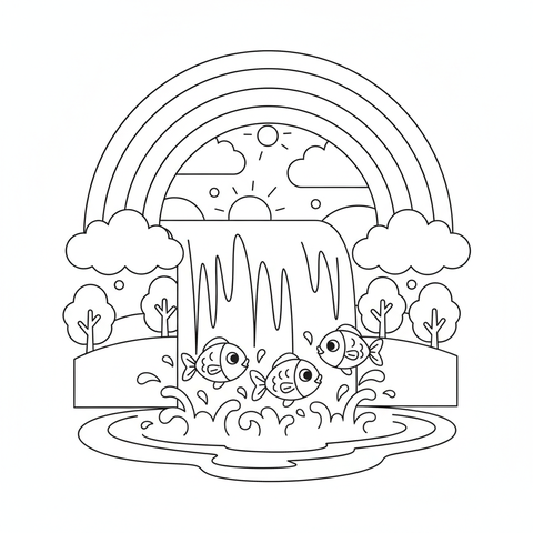 Rainbow coloring page: a rainbow over a waterfall with fish jumping through the spray