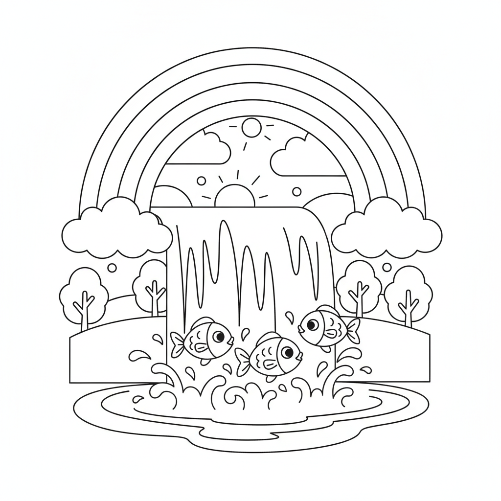 Rainbow coloring page showing a rainbow over a waterfall with fish jumping through the spray