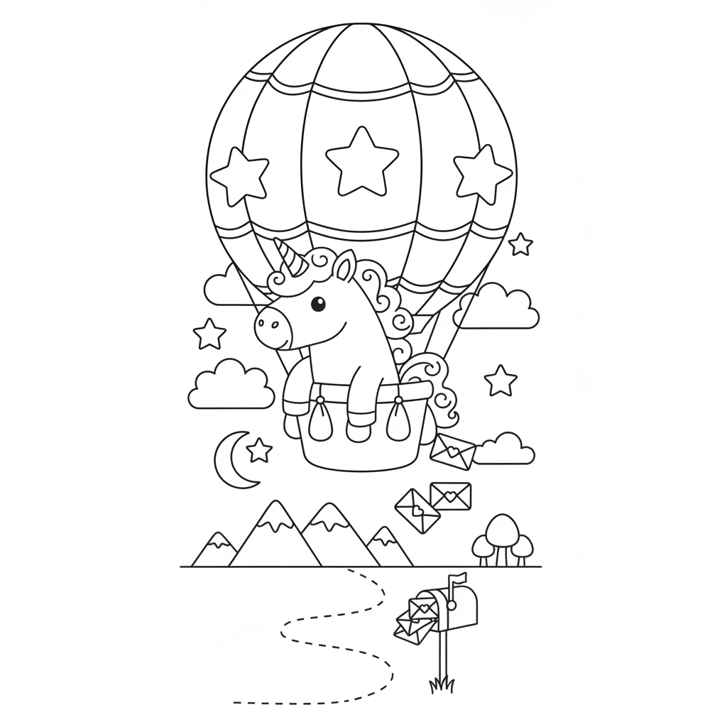 Unicorn coloring page showing a unicorn delivering letters from a hot air balloon