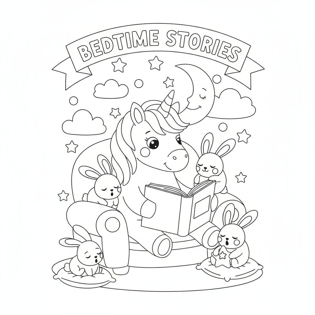 Unicorn coloring page showing a unicorn reading a bedtime story to three sleepy bunnies