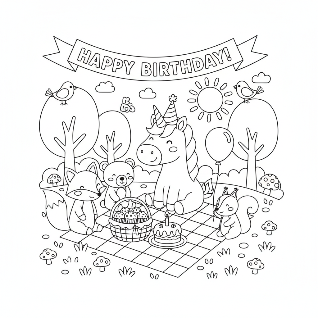 Unicorn coloring page showing a unicorn having a birthday picnic with woodland friends
